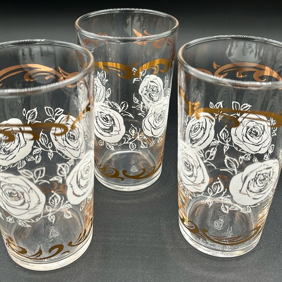 Vintage Libbey Tumbler Glasses, Mid Century Modern-White Rose and Gold Pattern - Picture 6 of 7